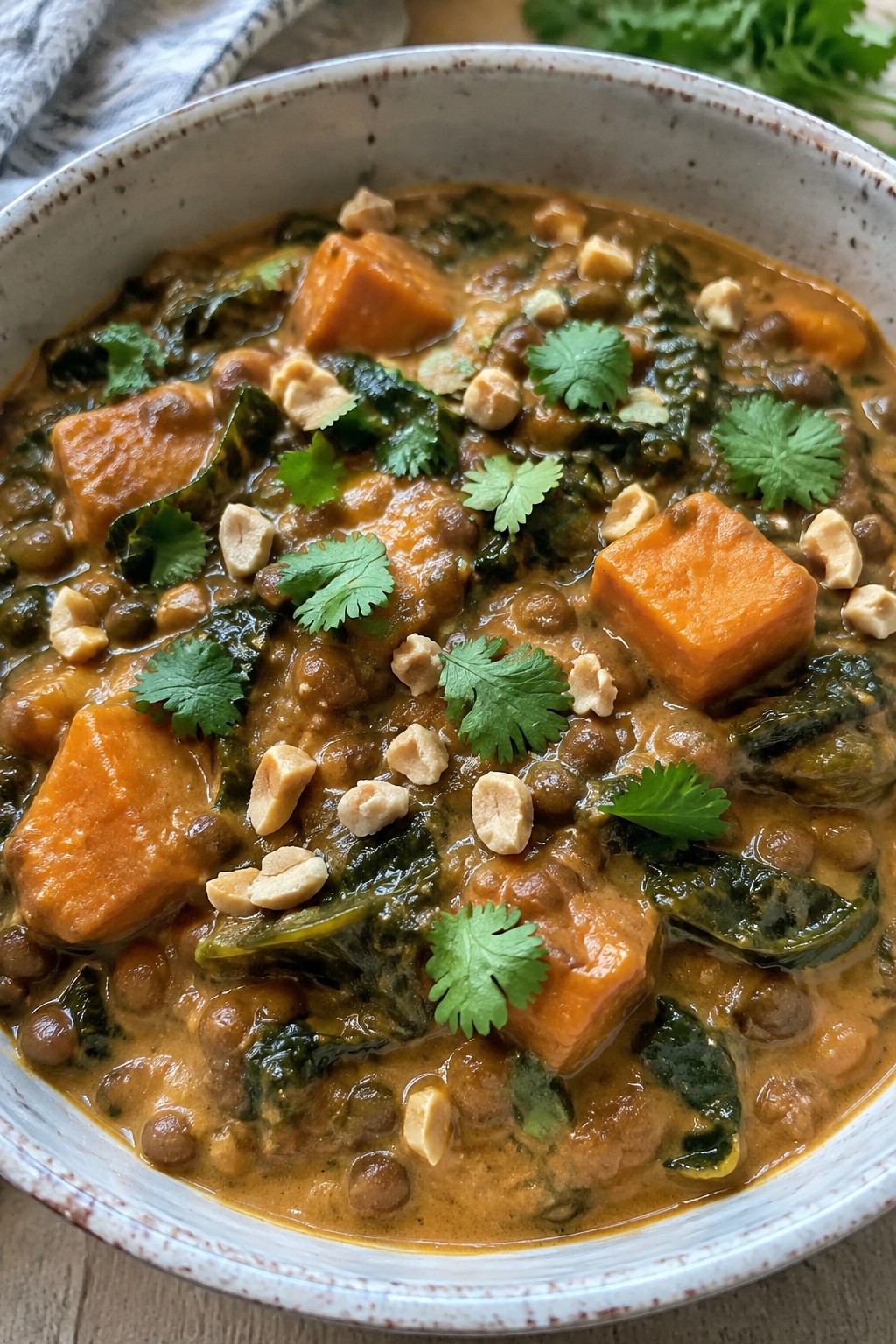 West African Peanut Lentil Stew with Sweet Potatoes and Collards