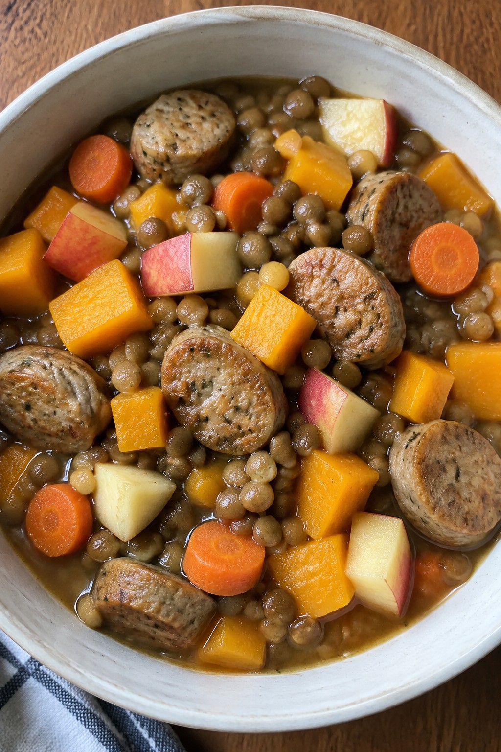 Autumn Apple Sage Sausage Lentil Stew with Butternut Squash
