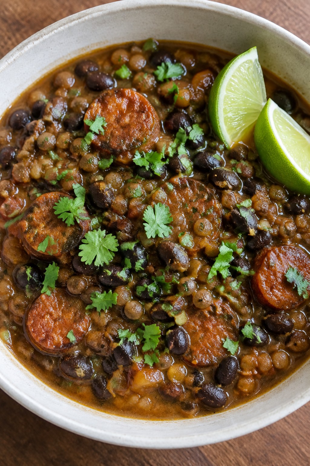 Chipotle Chorizo Lentil Stew with Black Beans and Lime