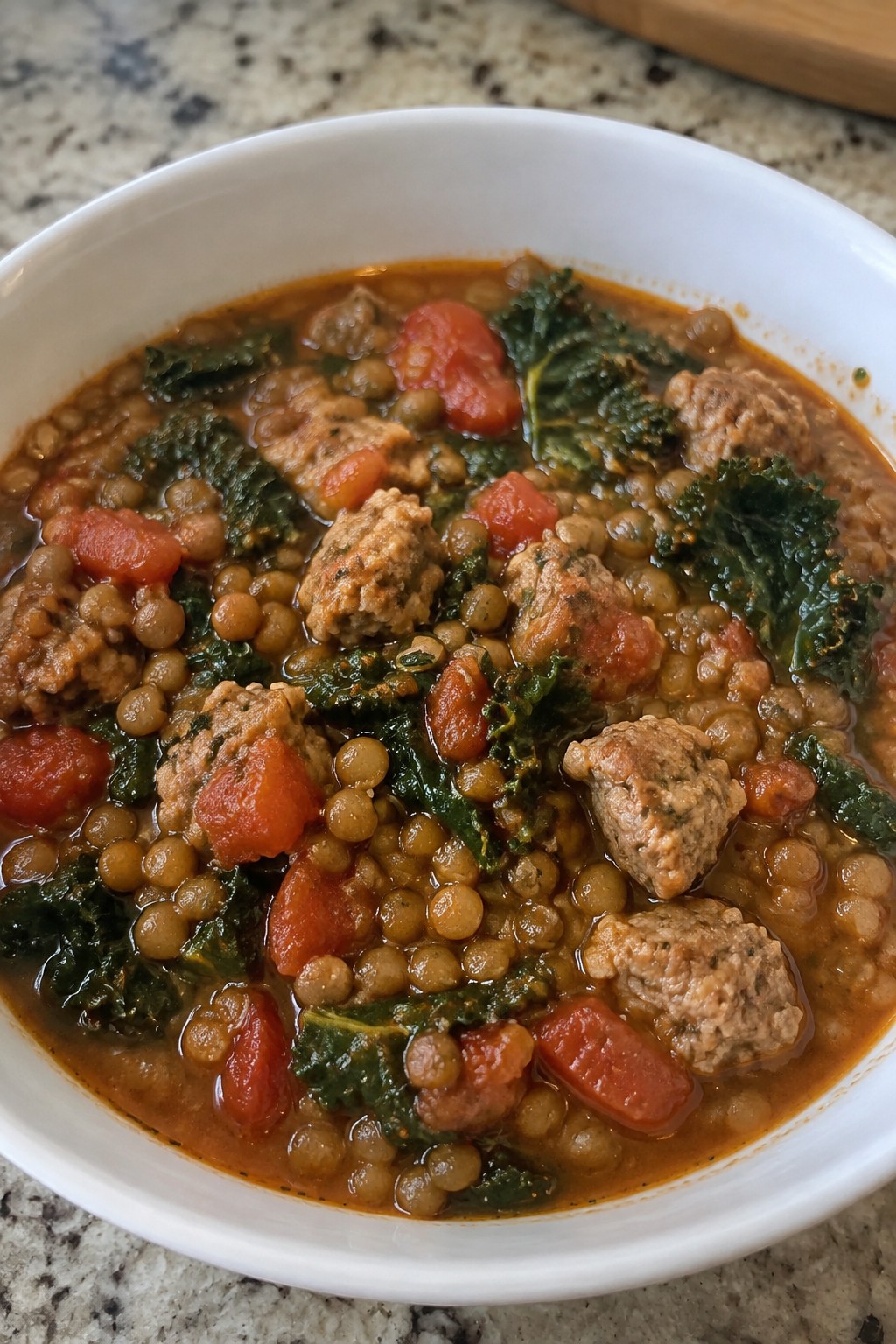 Classic Italian Sausage Lentil Stew with Tomatoes and Kale