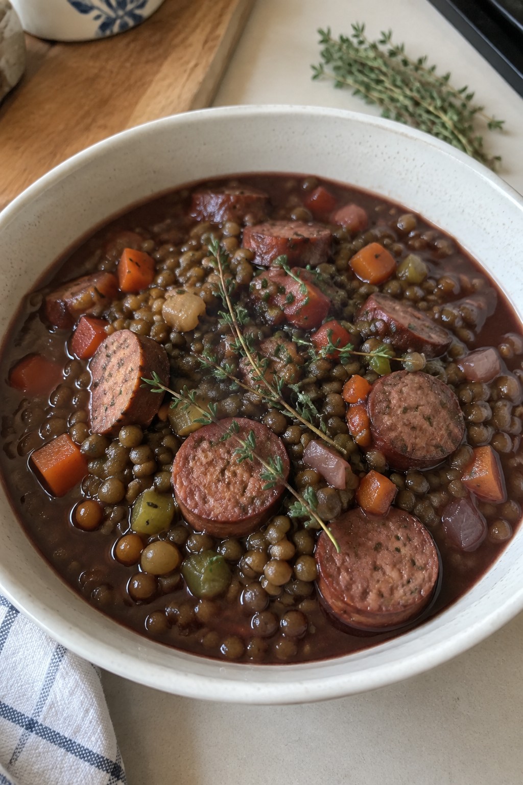 French Lentil Stew with Garlic Sausage, Thyme, and Red Wine