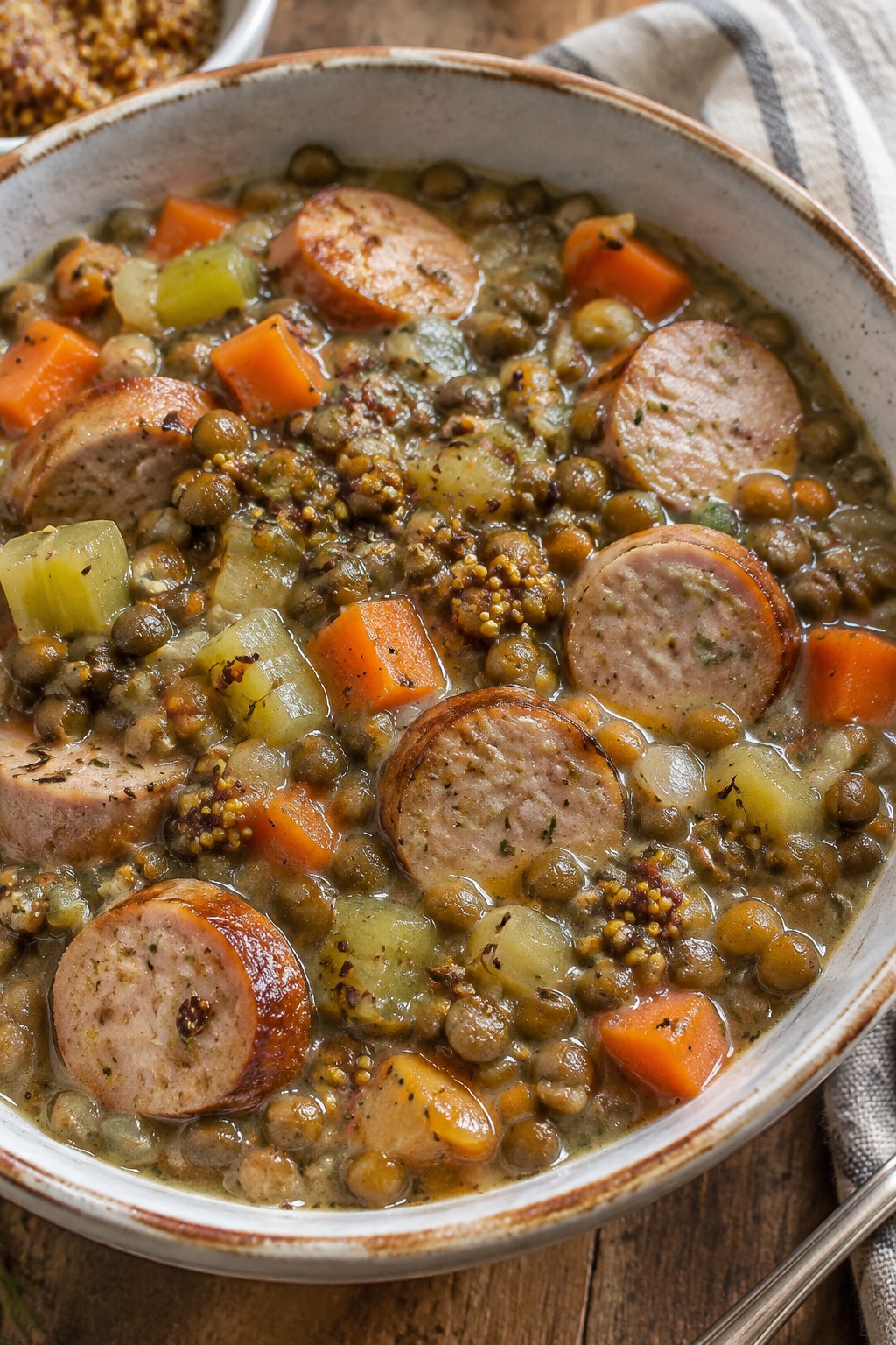 German Bratwurst Lentil Stew with Caraway and Mustard