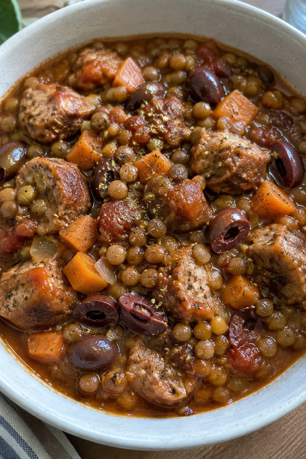 Mediterranean Lamb Sausage Lentil Stew with Olives and Oregano