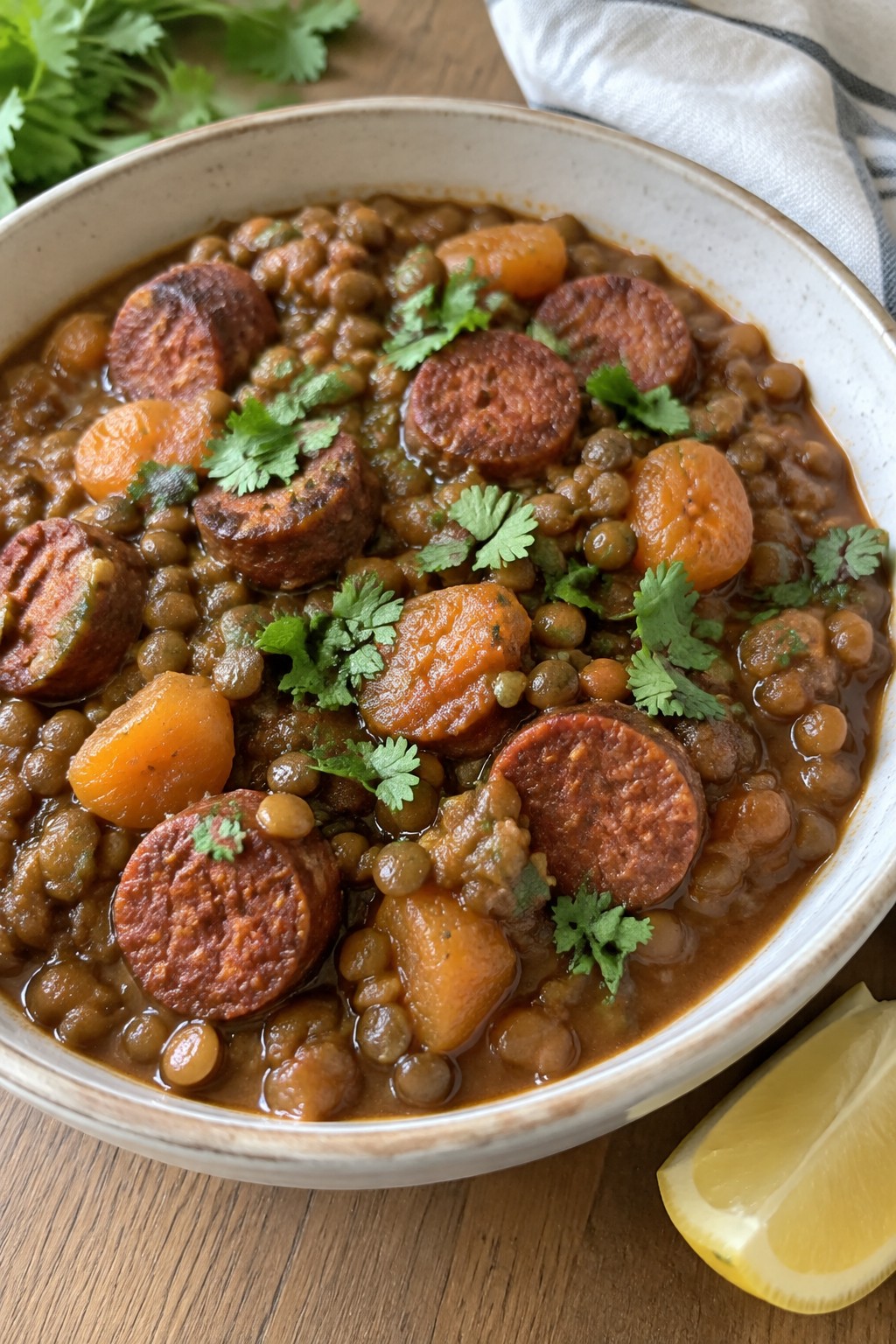 Moroccan Merguez Lentil Stew with Apricots and Warm Spices