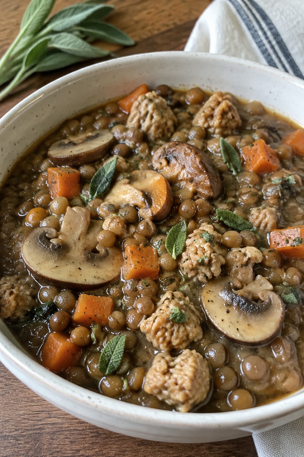 Mushroom and Turkey Sausage Lentil Stew with Sage