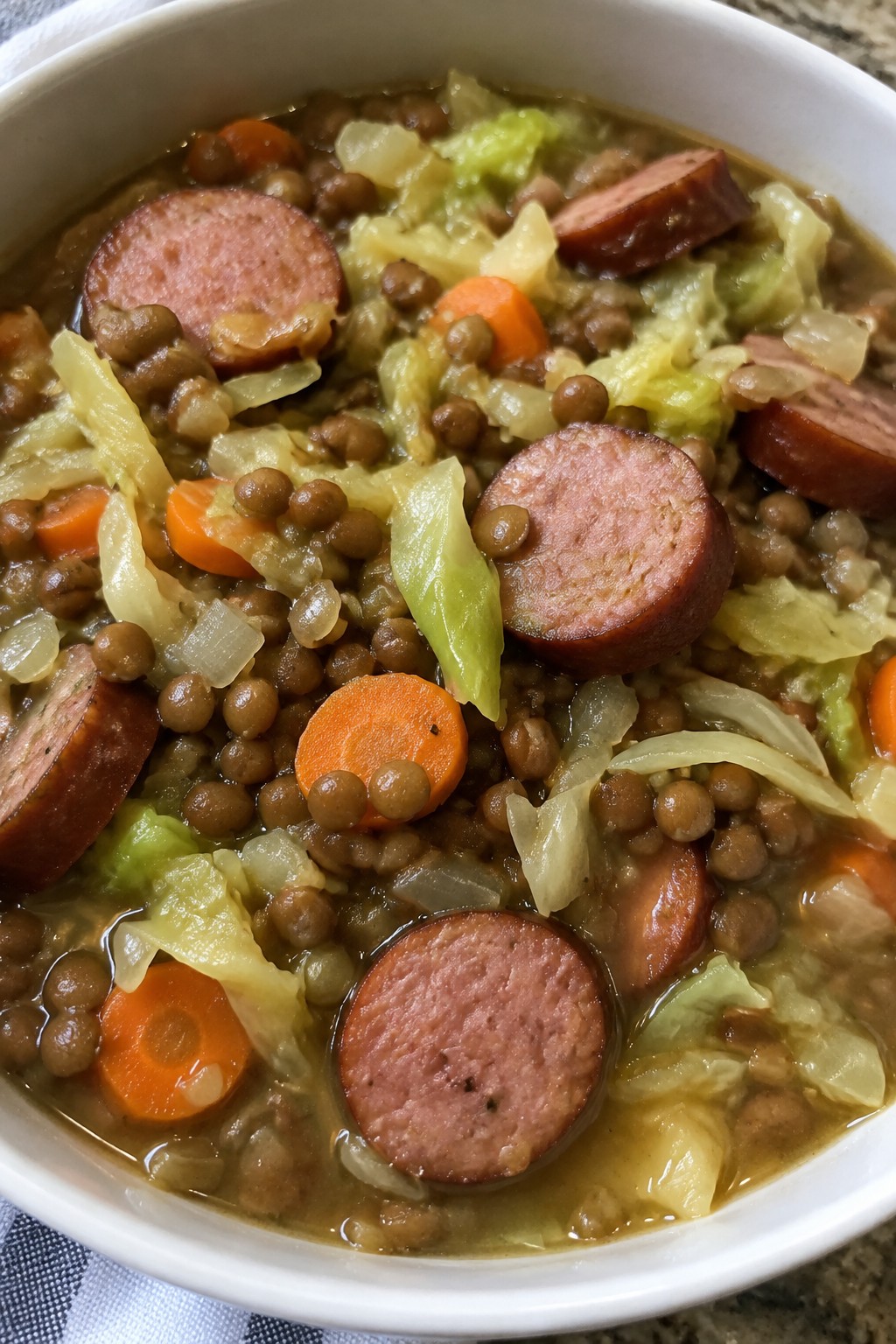 Polish Sausage Lentil Stew with Cabbage and Apple Cider Vinegar