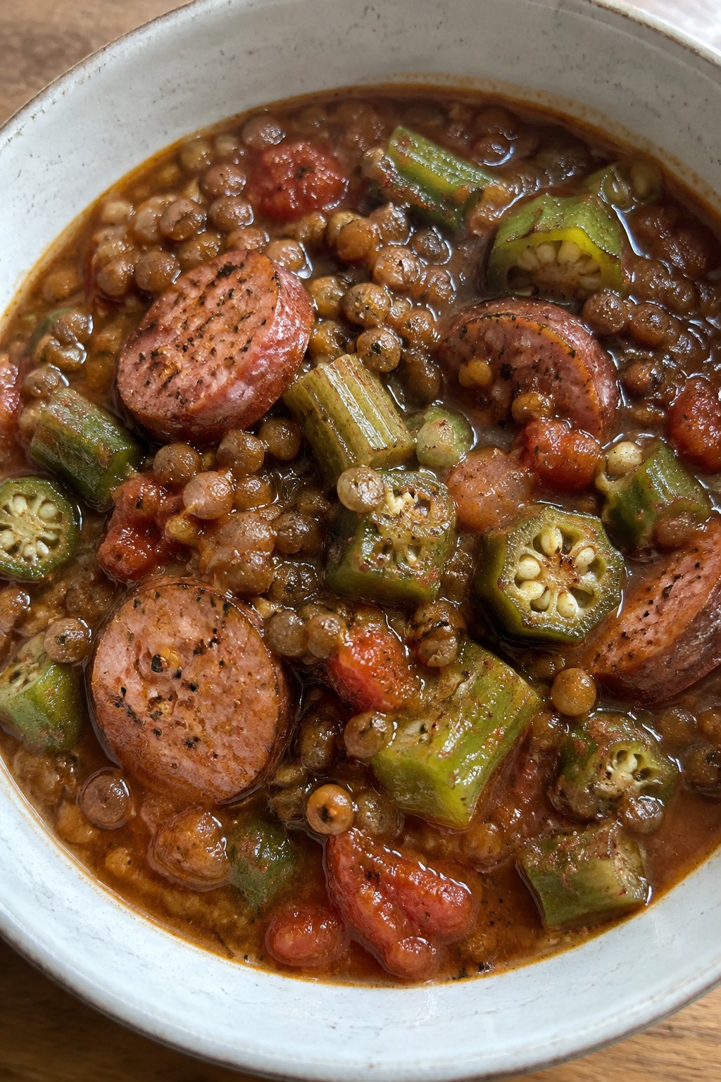 Spicy Cajun Andouille Lentil Stew with Celery and Okra