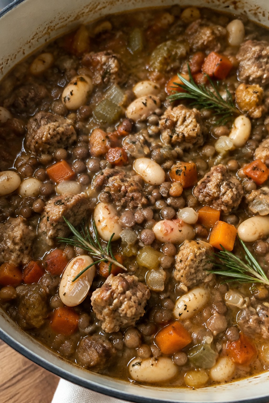 Tuscan Fennel Sausage Lentil Stew with White Beans and Rosemary