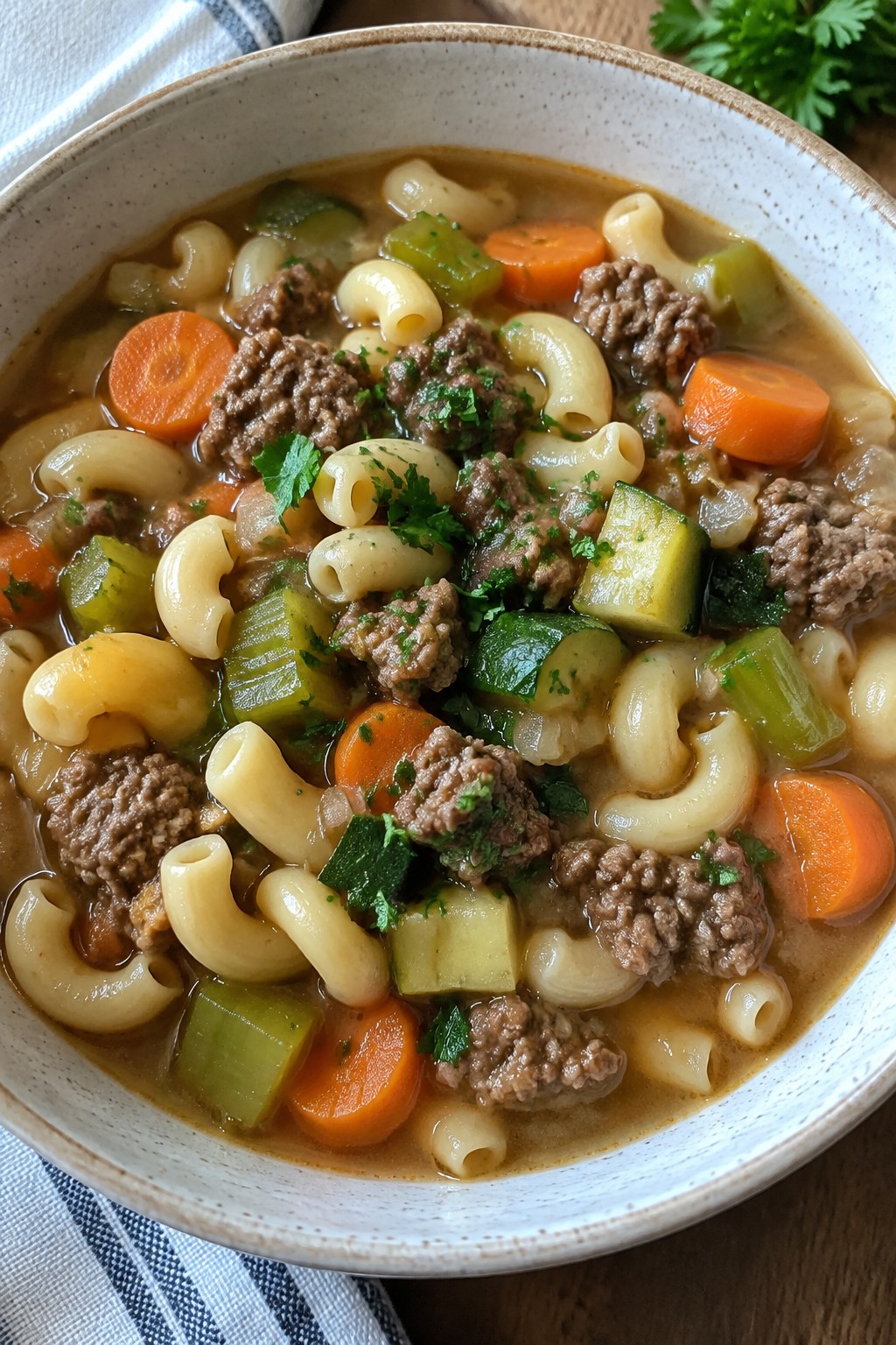 Hearty Vegetable-Loaded Hamburger Stew with Elbow Noodles