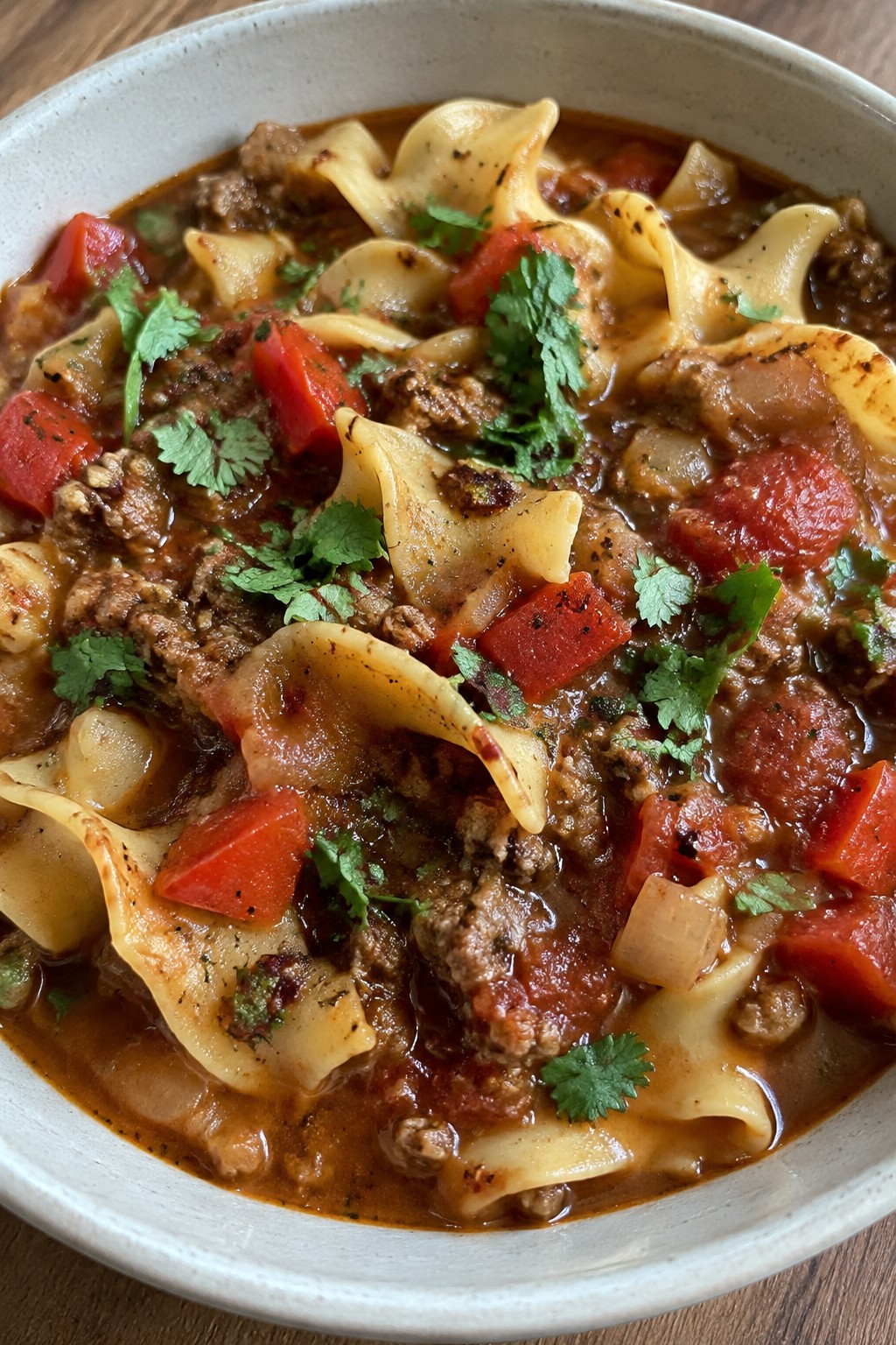 Southwestern Chipotle Hamburger Stew with Noodles and Tomatoes