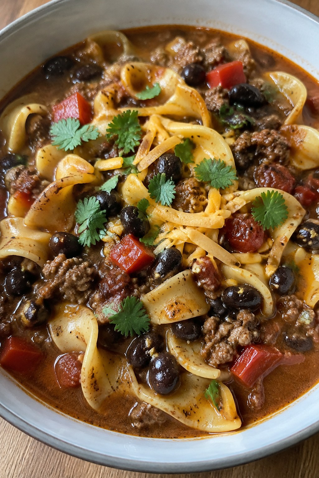 Spicy Tex-Mex Hamburger Stew with Noodles and Black Beans