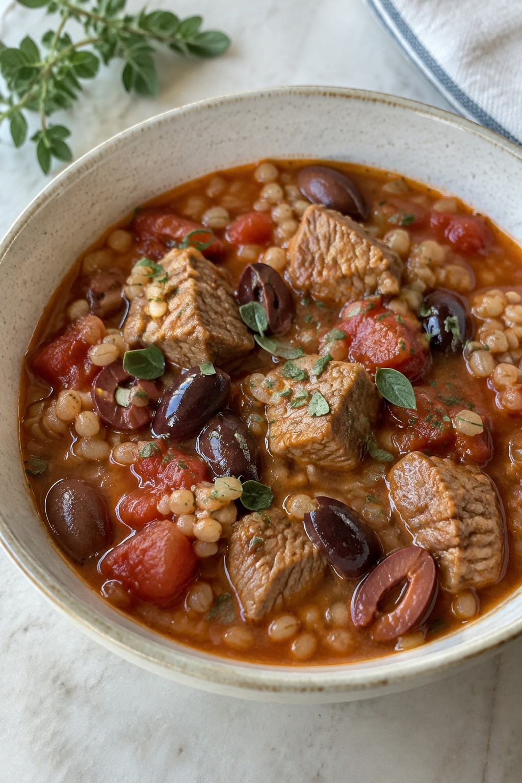 Mediterranean Lamb Barley Stew with Tomatoes, Olives, and Oregano