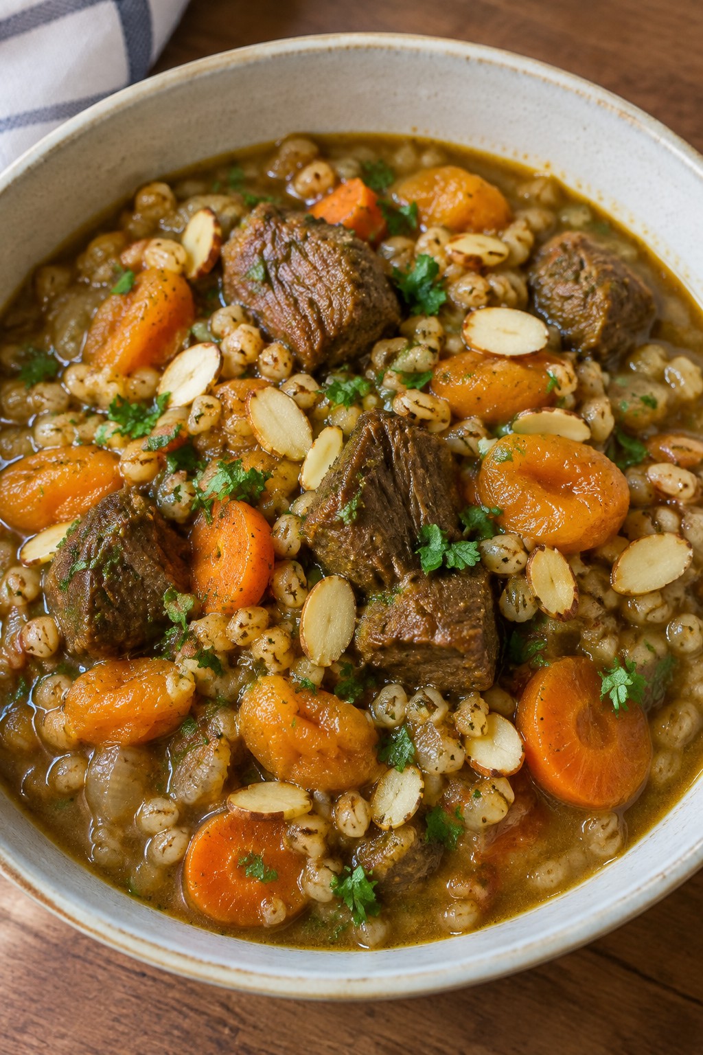 Moroccan Spiced Lamb Barley Stew with Apricots and Almonds