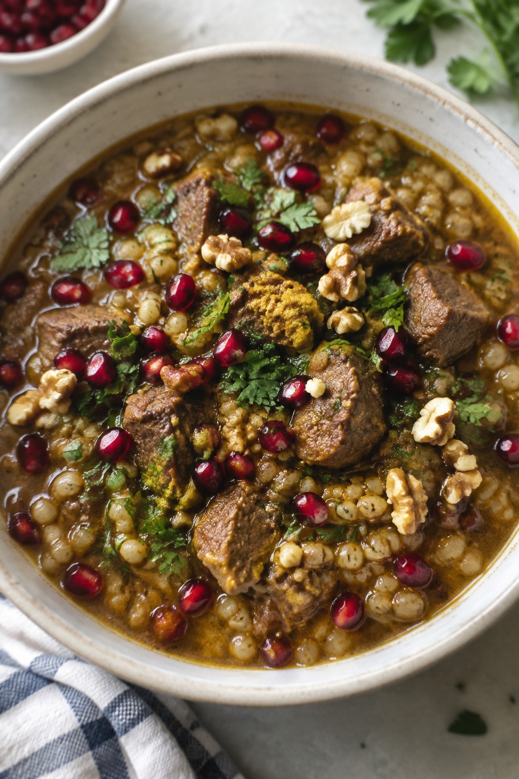 Persian Lamb Barley Stew with Pomegranate and Walnuts