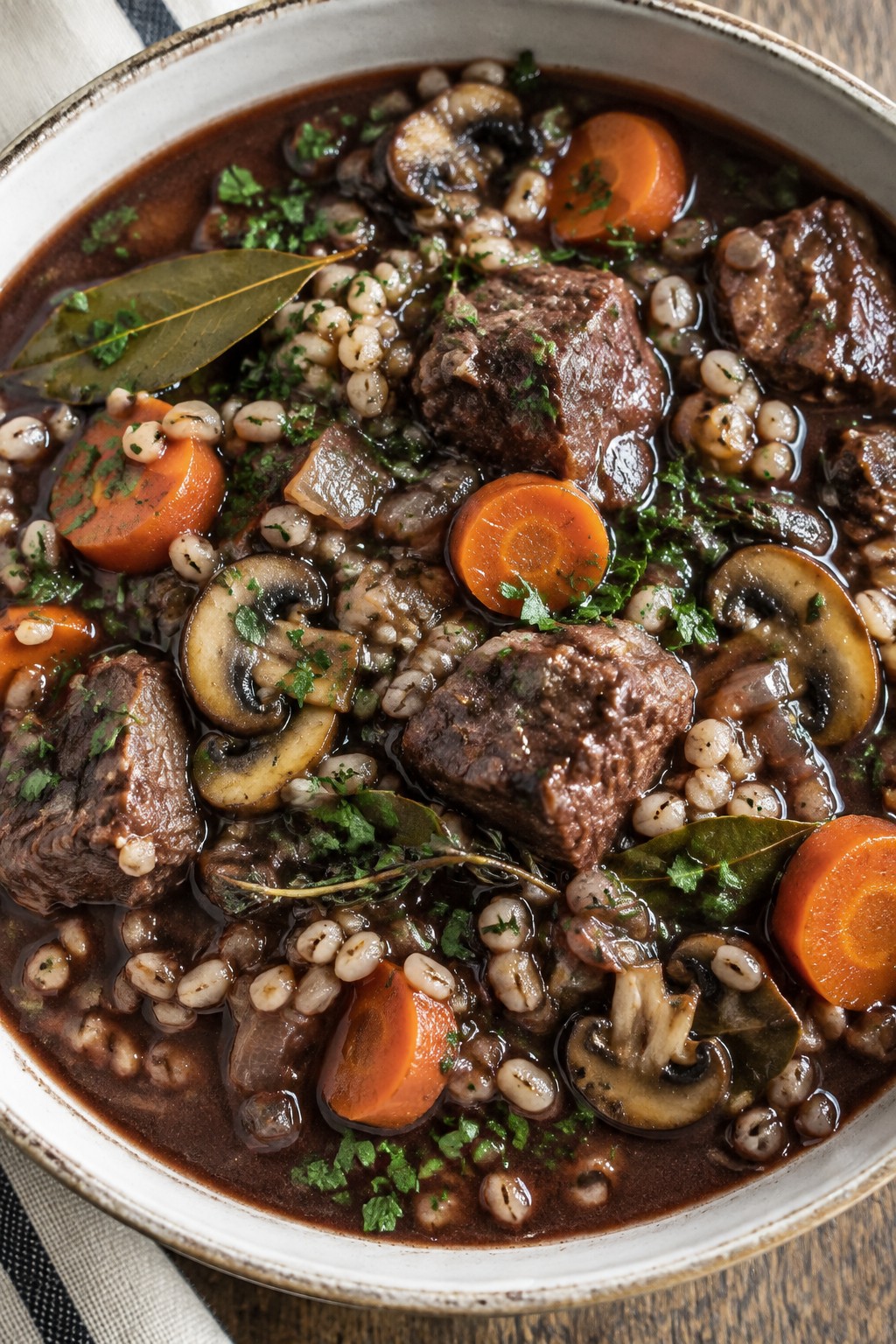 Rustic French Lamb Barley Stew with Red Wine and Mushrooms