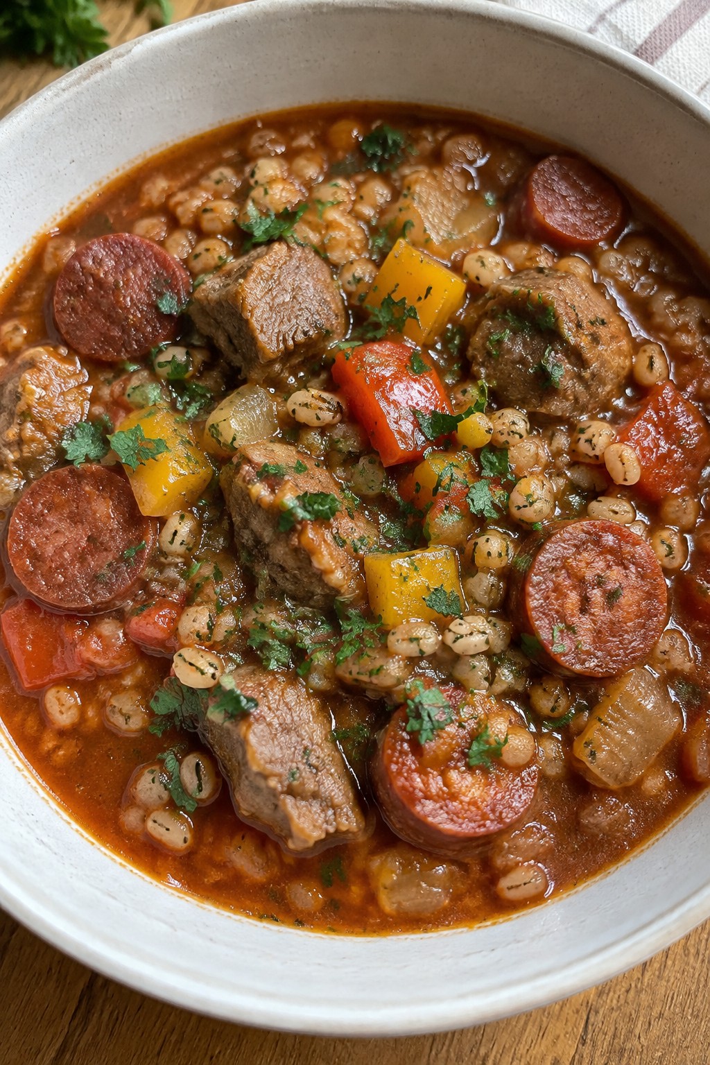 Smoky Paprika Lamb Barley Stew with Bell Peppers and Chorizo