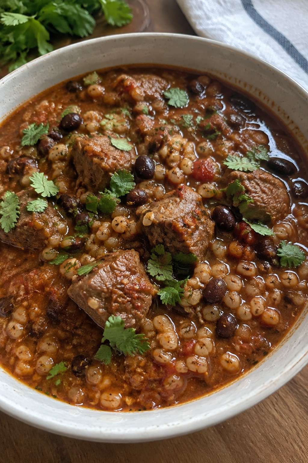 Spicy Chipotle Lamb and Barley Stew with Black Beans and Cilantro