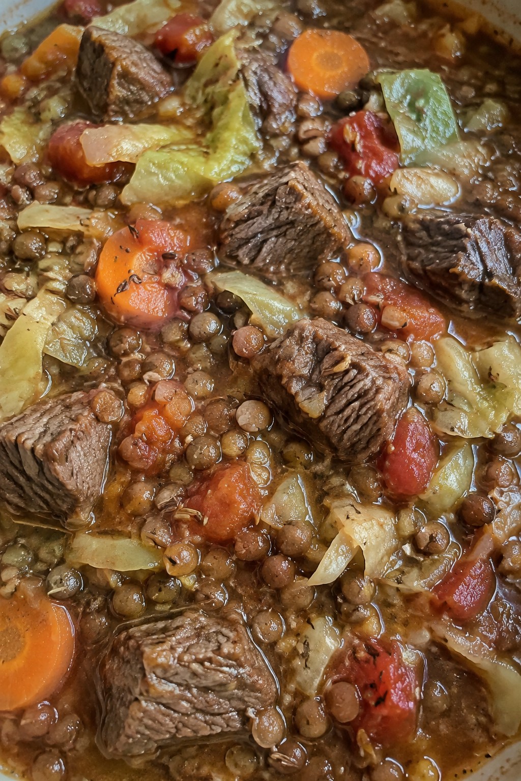 Beef and Lentil Stew with Cabbage and Caraway Seeds