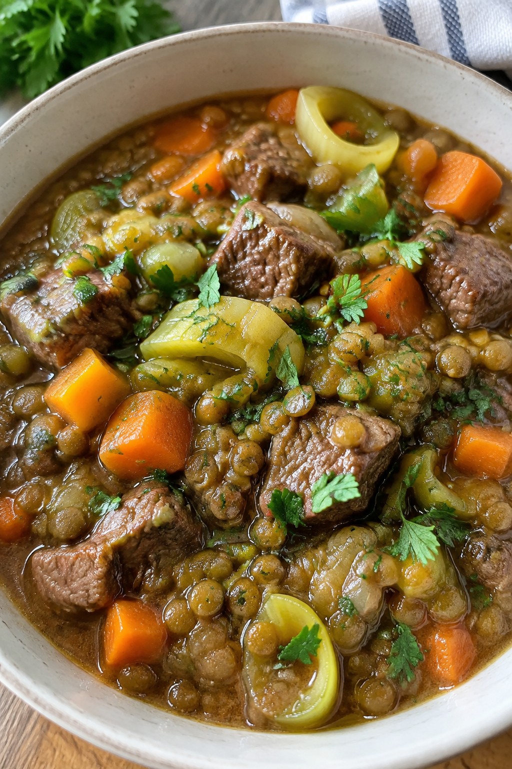 Hearty Beef and Green Lentil Stew with Leeks and Mustard