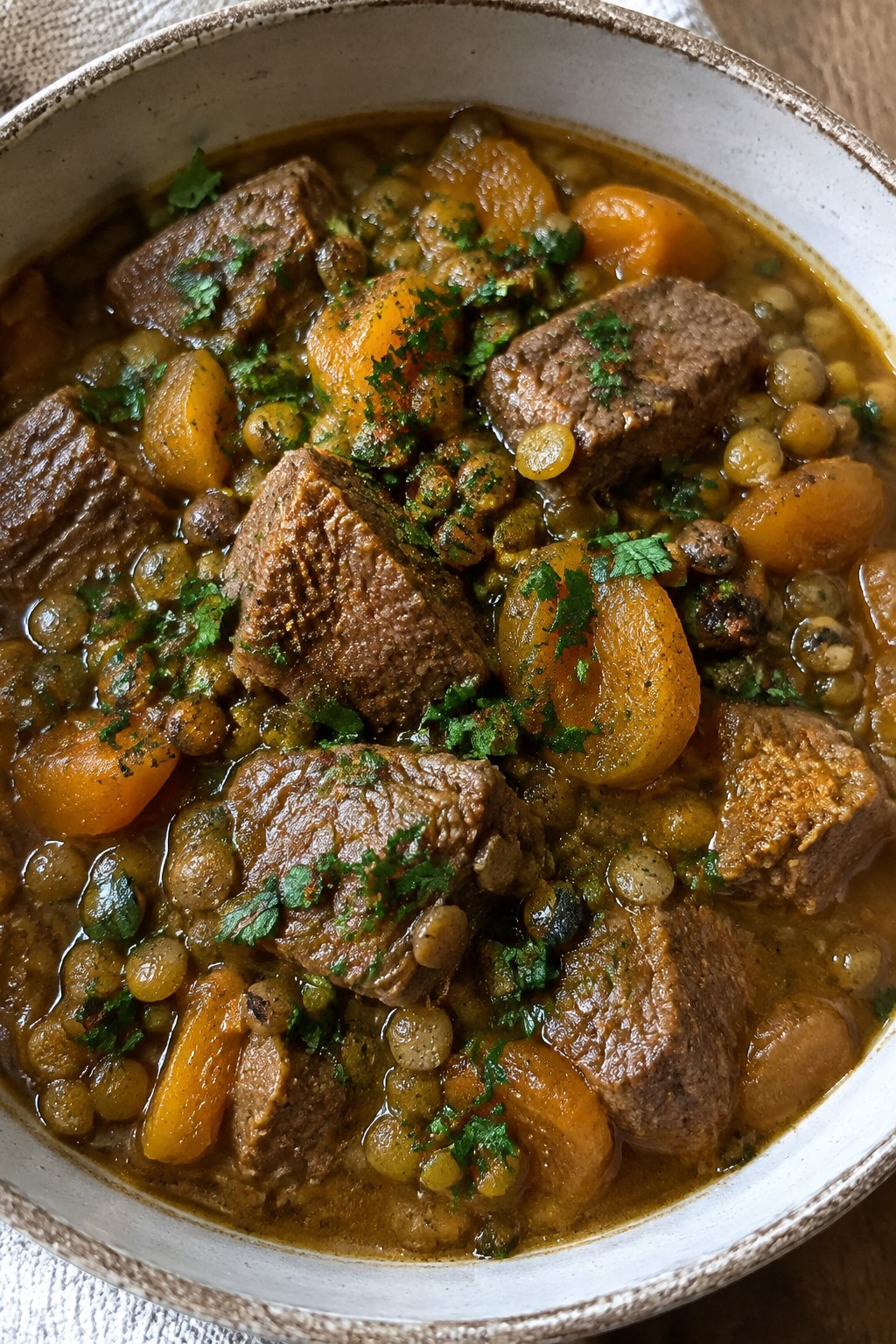 Moroccan-Spiced Beef and Lentil Stew with Apricots