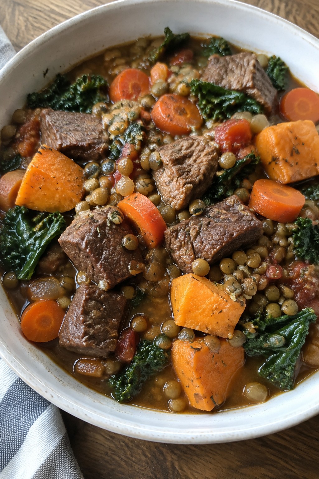Oven-Baked Beef and Lentil Stew with Sweet Potatoes and Kale