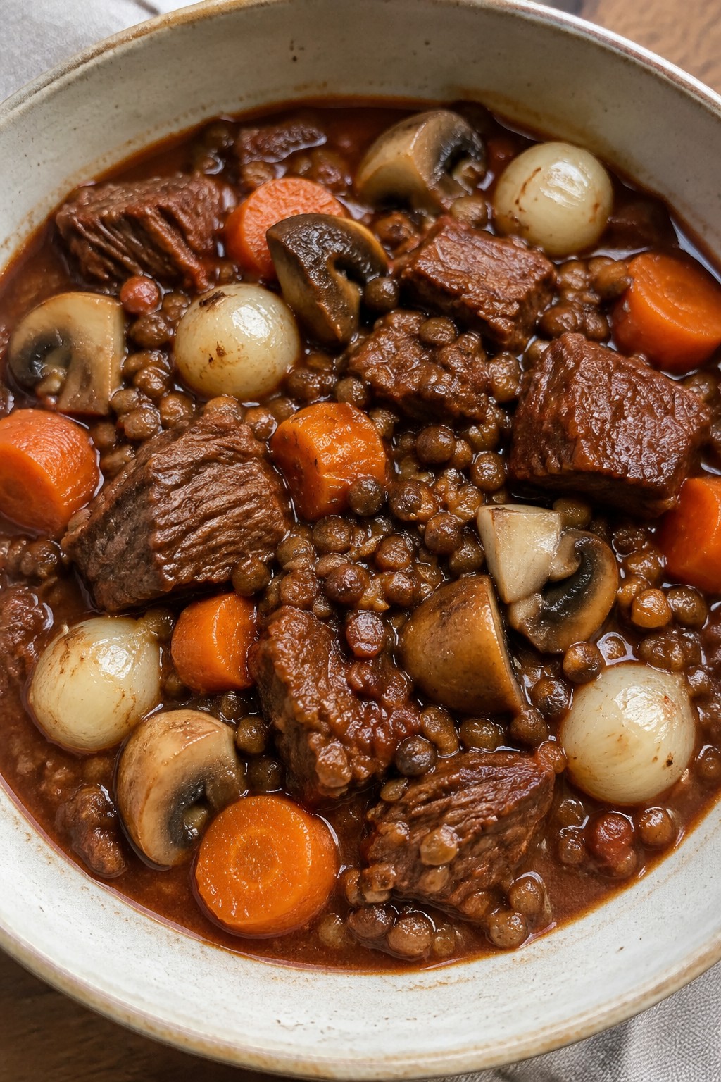 Red Wine Beef and Lentil Stew with Mushrooms and Pearl Onions