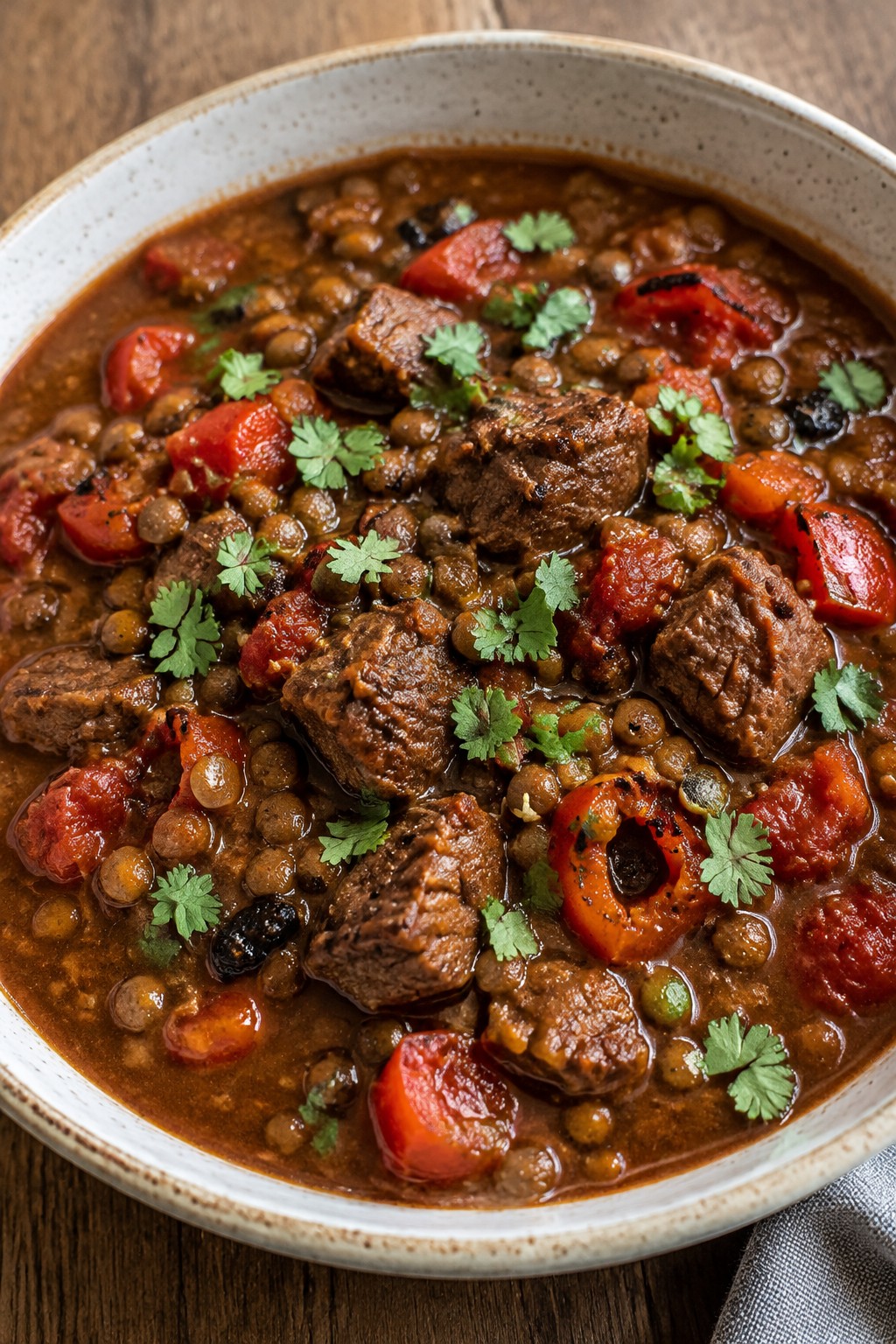 Smoky Chipotle Beef and Lentil Stew with Fire-Roasted Peppers