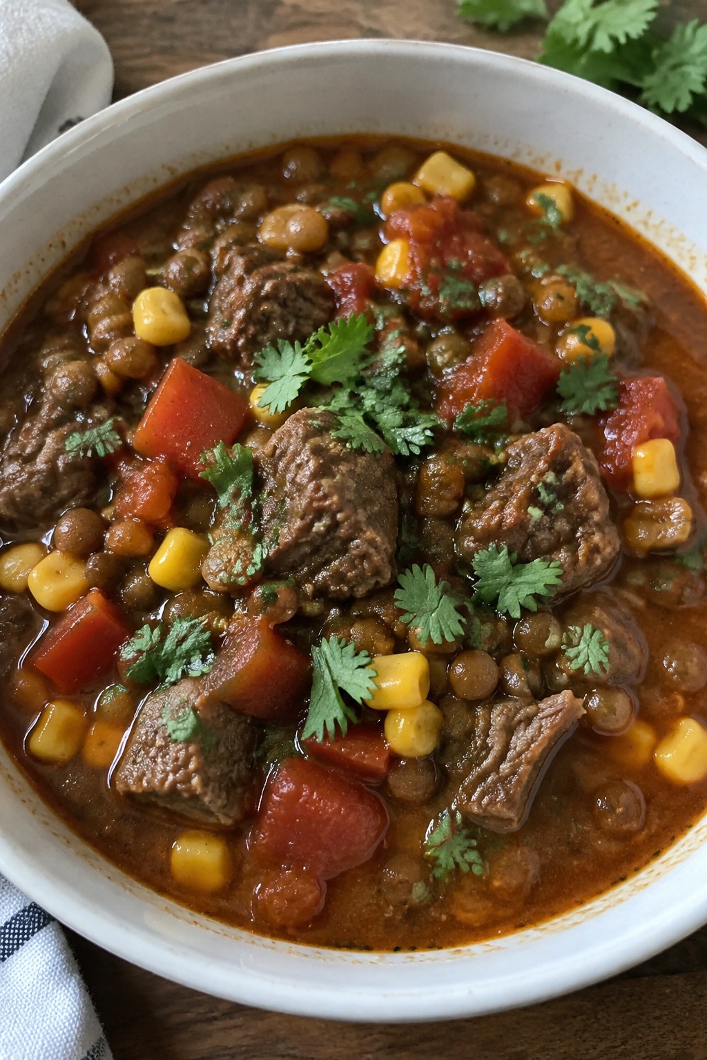 Tex-Mex Beef and Lentil Stew with Corn and Cumin