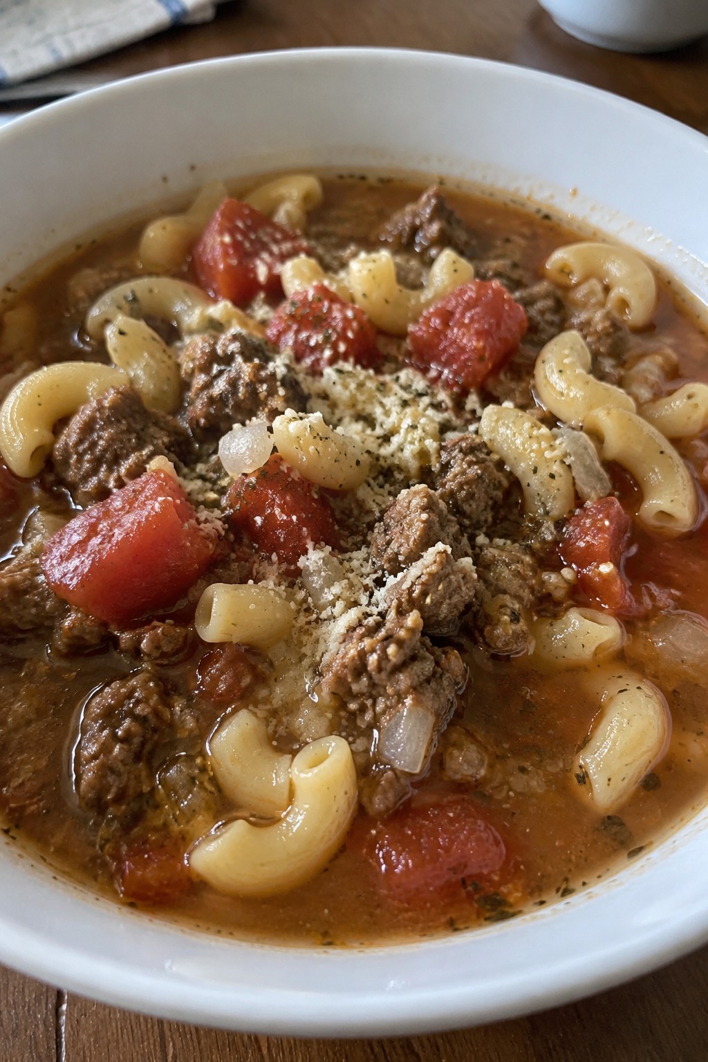 Italian Herb Hamburger Stew with Tomatoes and Pasta