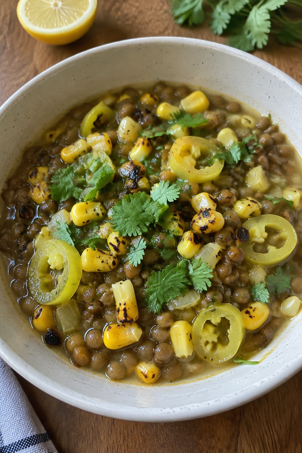 Citrus-Infused Lentil Stew with Charred Corn and Mild Banana Peppers
