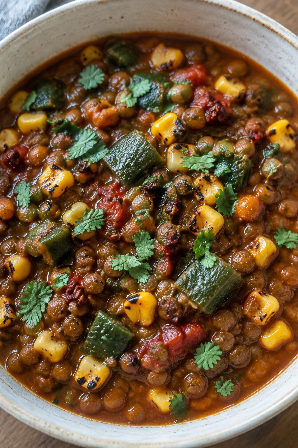 Smoky Chipotle Lentil Stew with Charred Corn and Poblanos