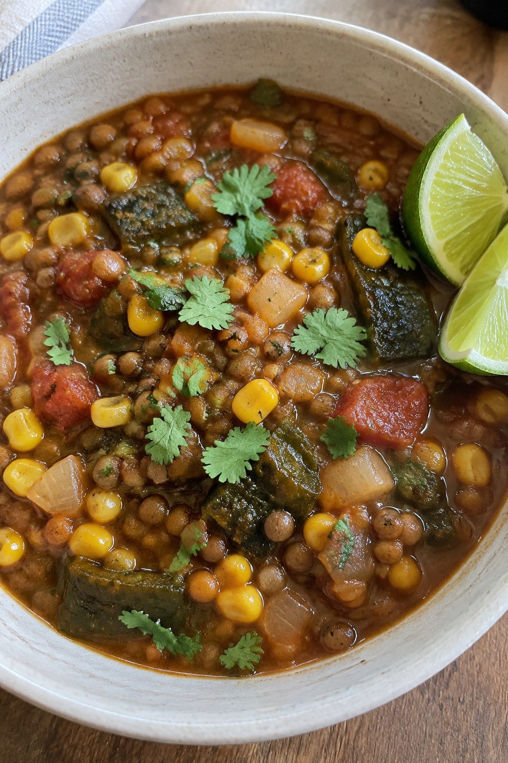 Smoky Mesquite Lentil Stew with Fresh Corn and Roasted Poblanos