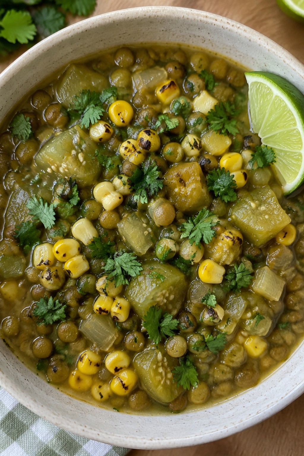 Tangy Tomatillo Lentil Stew with Grilled Corn and Serrano Peppers