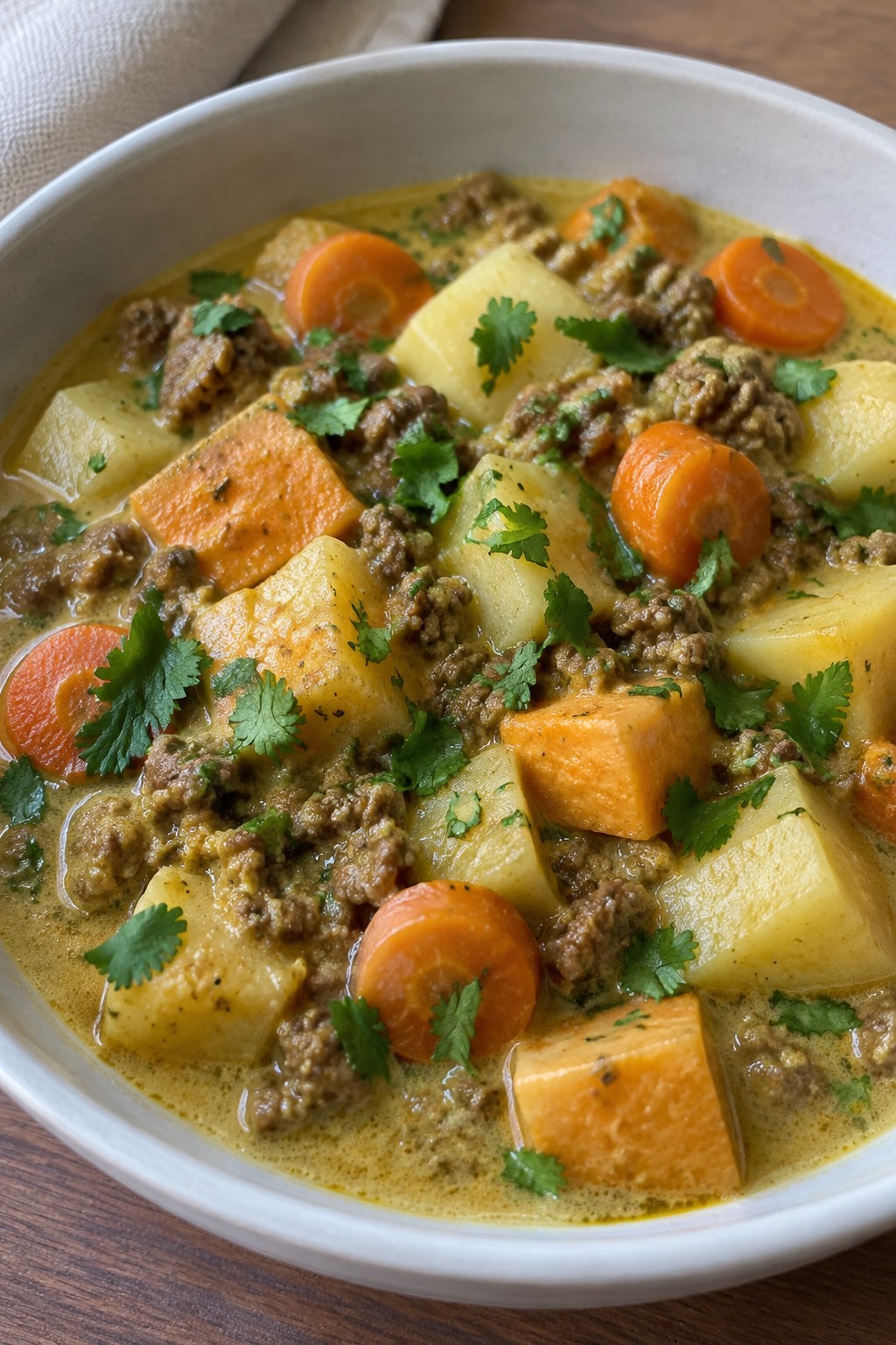 Curried Coconut Beef Potato Stew with Sweet Potatoes