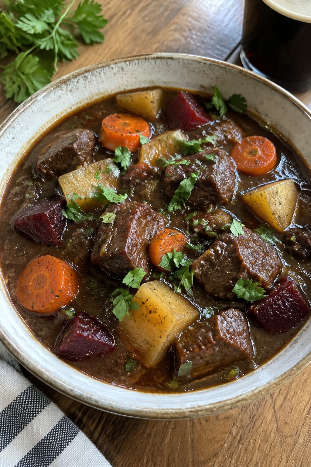 Hearty Guinness Beef Stew with Potatoes and Beets