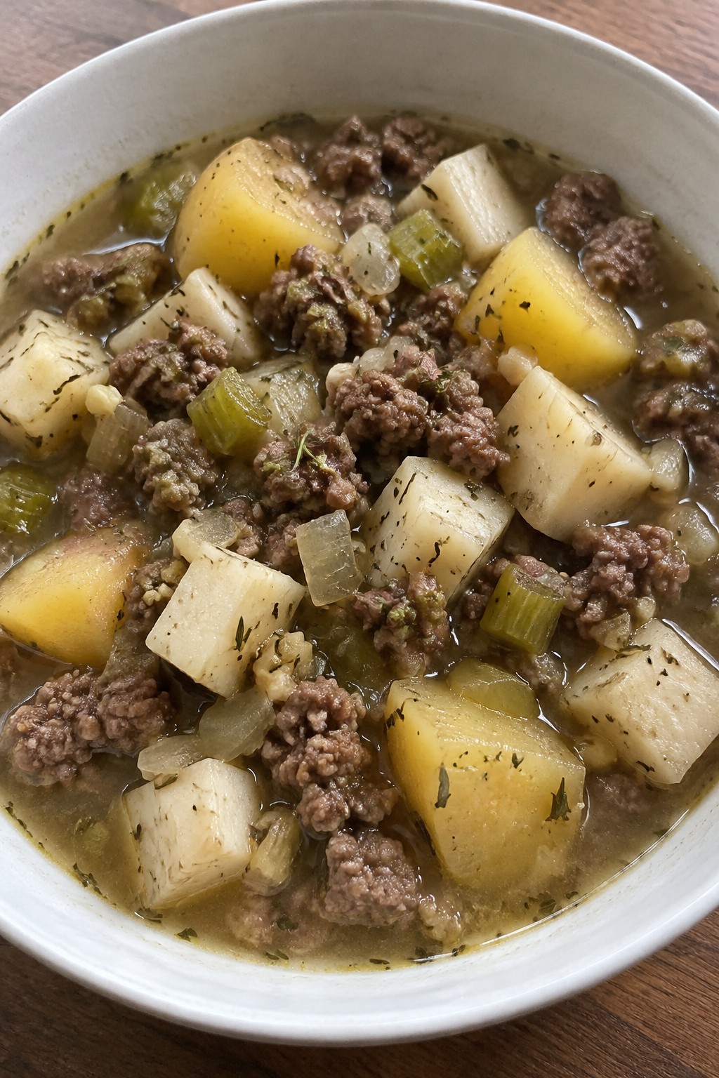One-Pot Garlic Thyme Hamburger Stew with Potatoes and Celery Root
