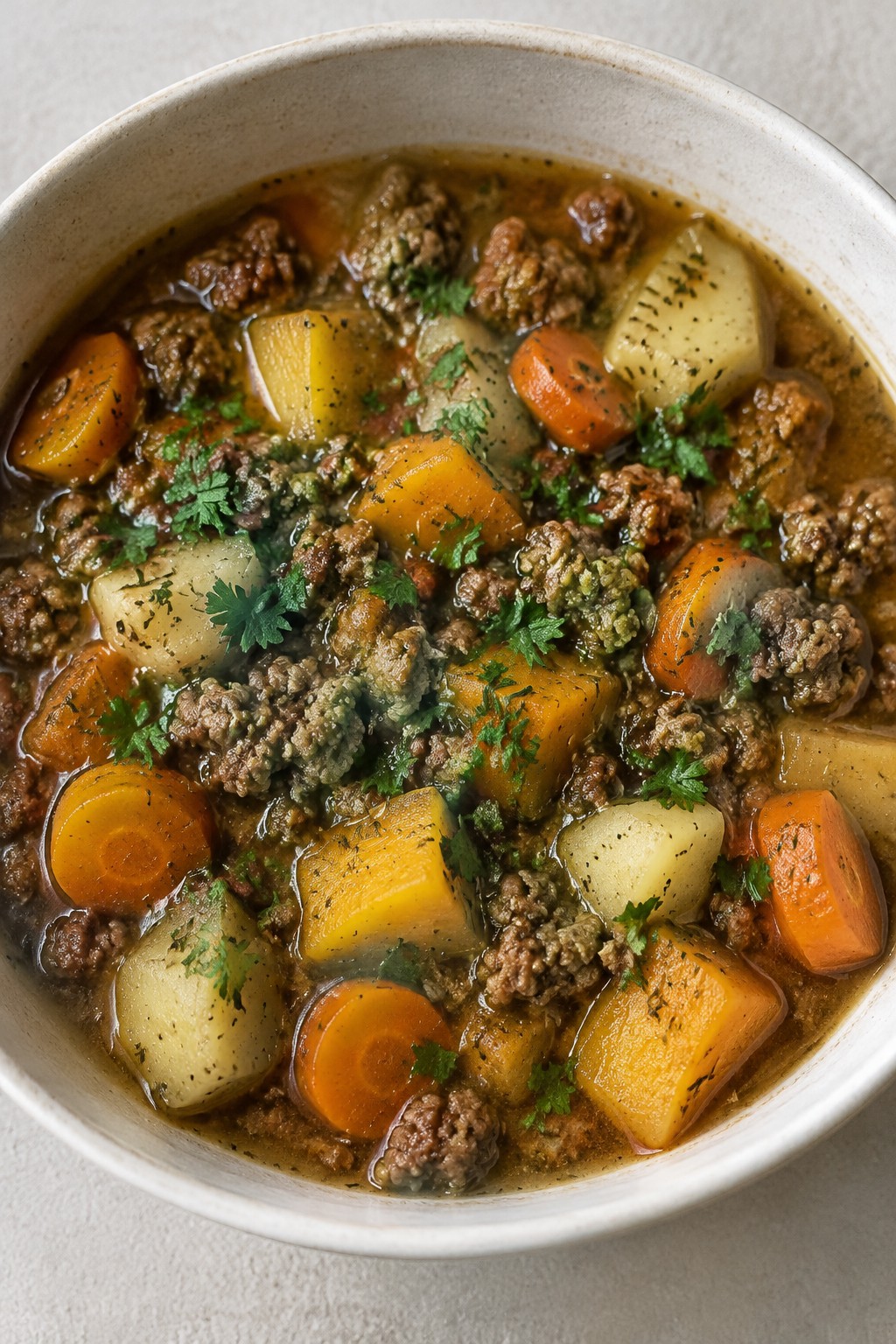 Robust Herb-Infused Hamburger Stew with Potatoes and Rutabaga