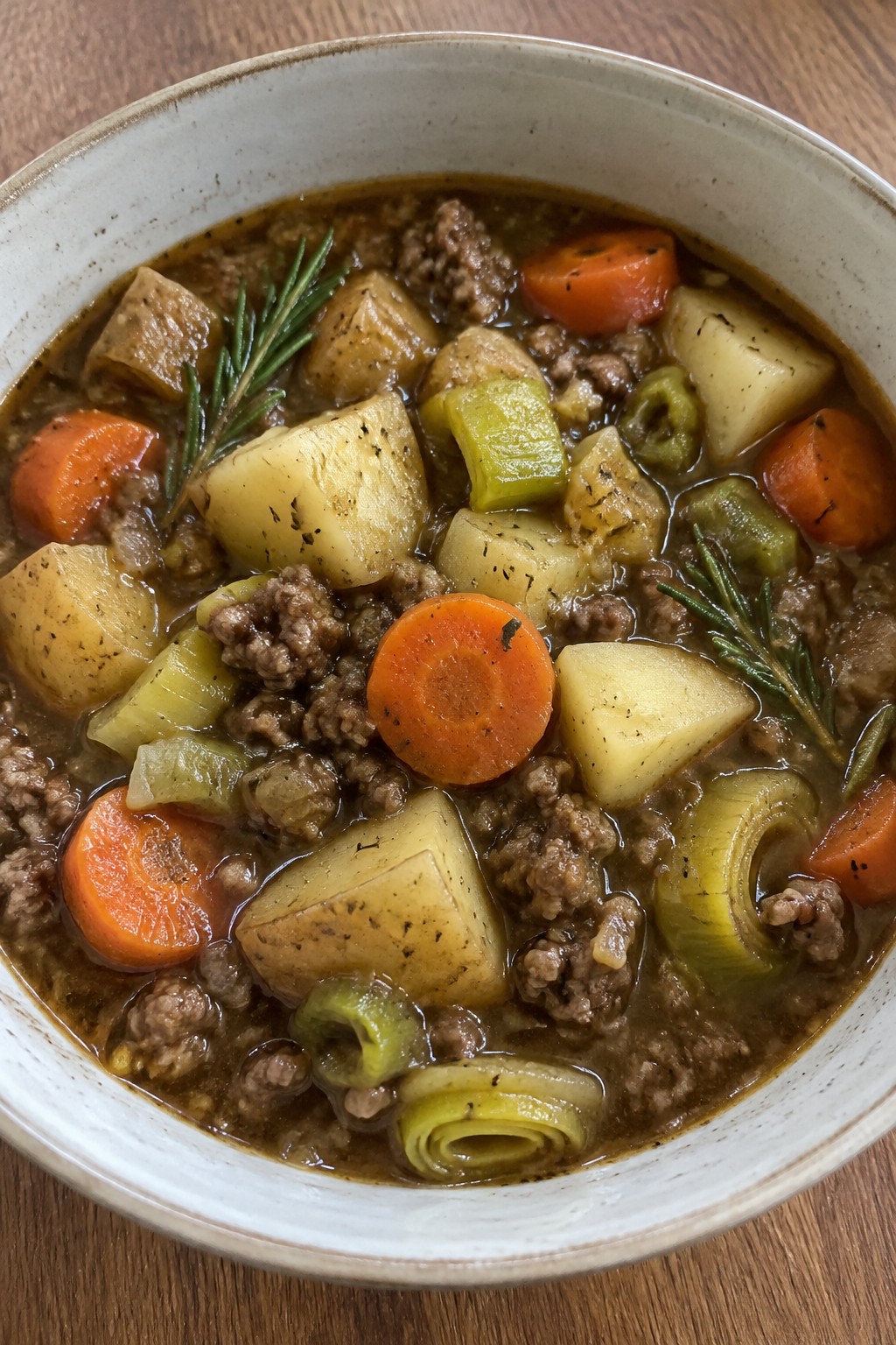Rustic Rosemary Beef Potato Stew with Leeks and Carrots