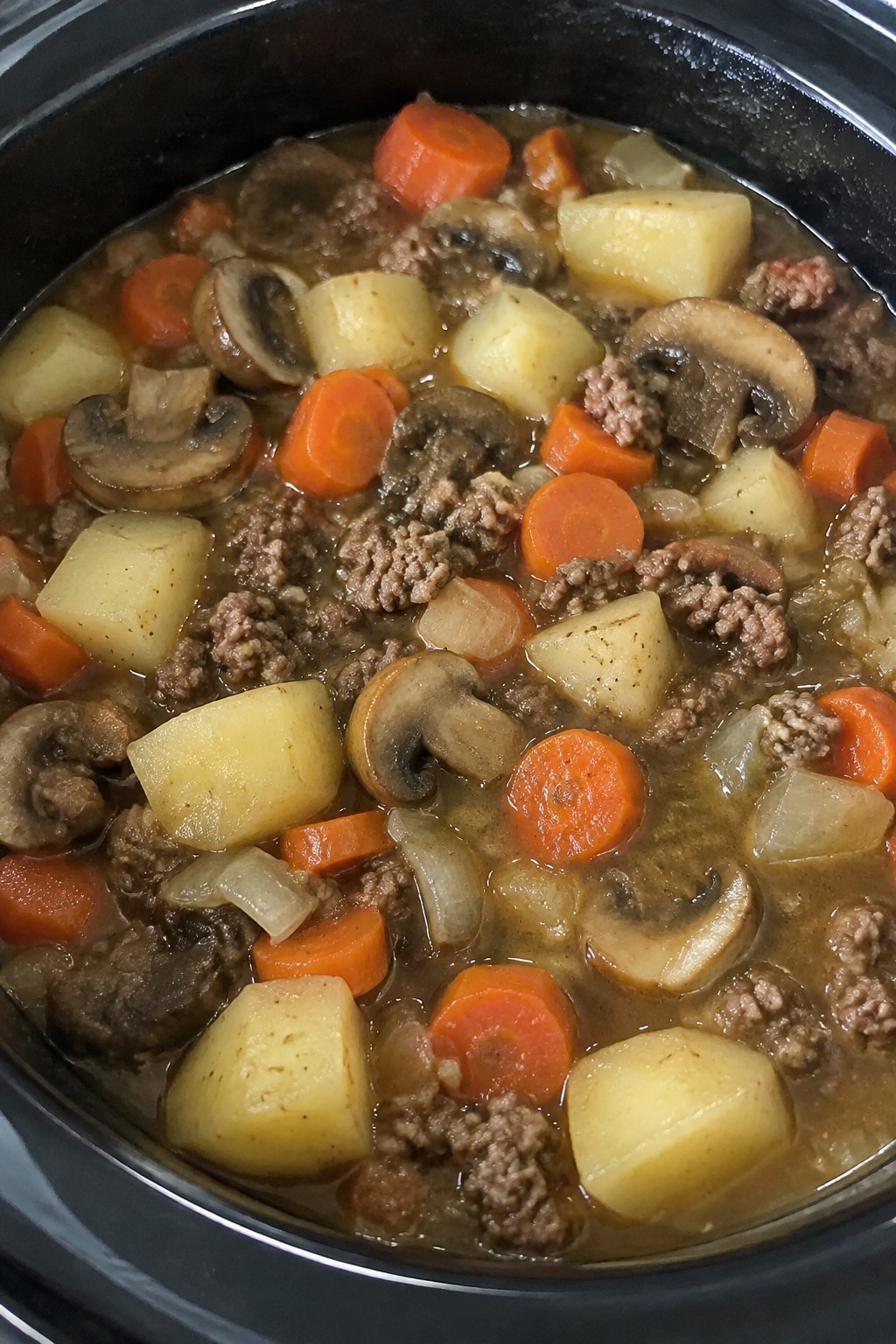 Slow Cooker Mushroom Beef Potato Stew with Carrots
