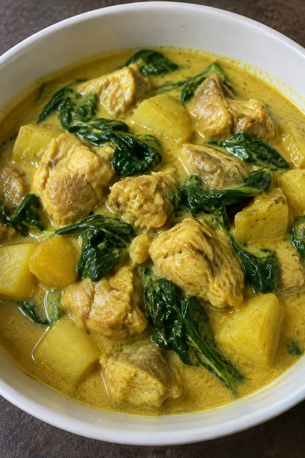 Aromatic Coconut Curry Chicken Stew with Potatoes and Spinach
