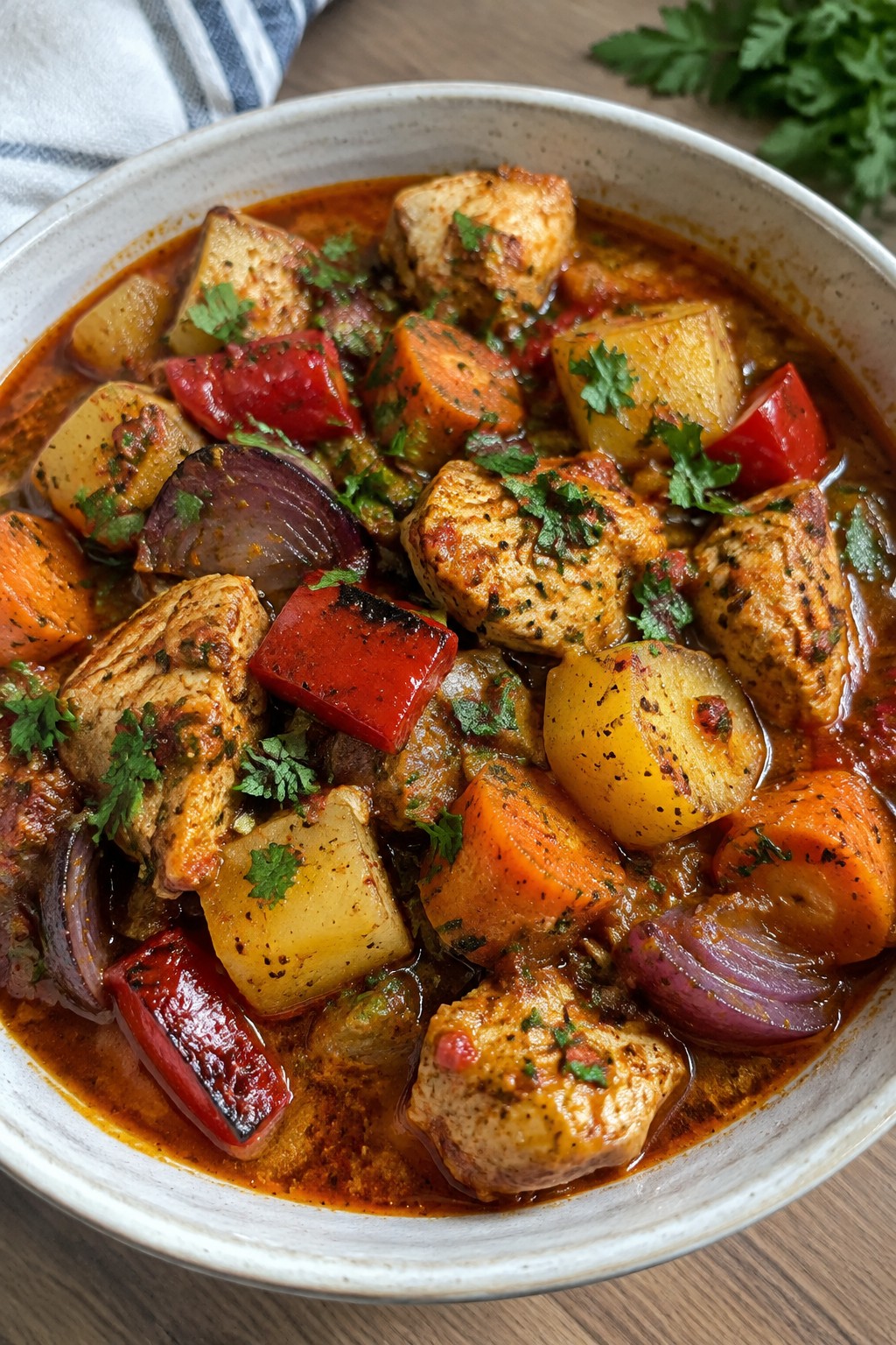 Harissa-Spiced Chicken Stew with Potatoes and Roasted Vegetables