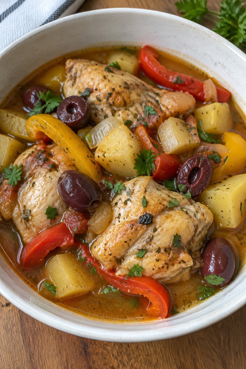 Mediterranean Chicken Stew with Potatoes, Olives, and Bell Peppers