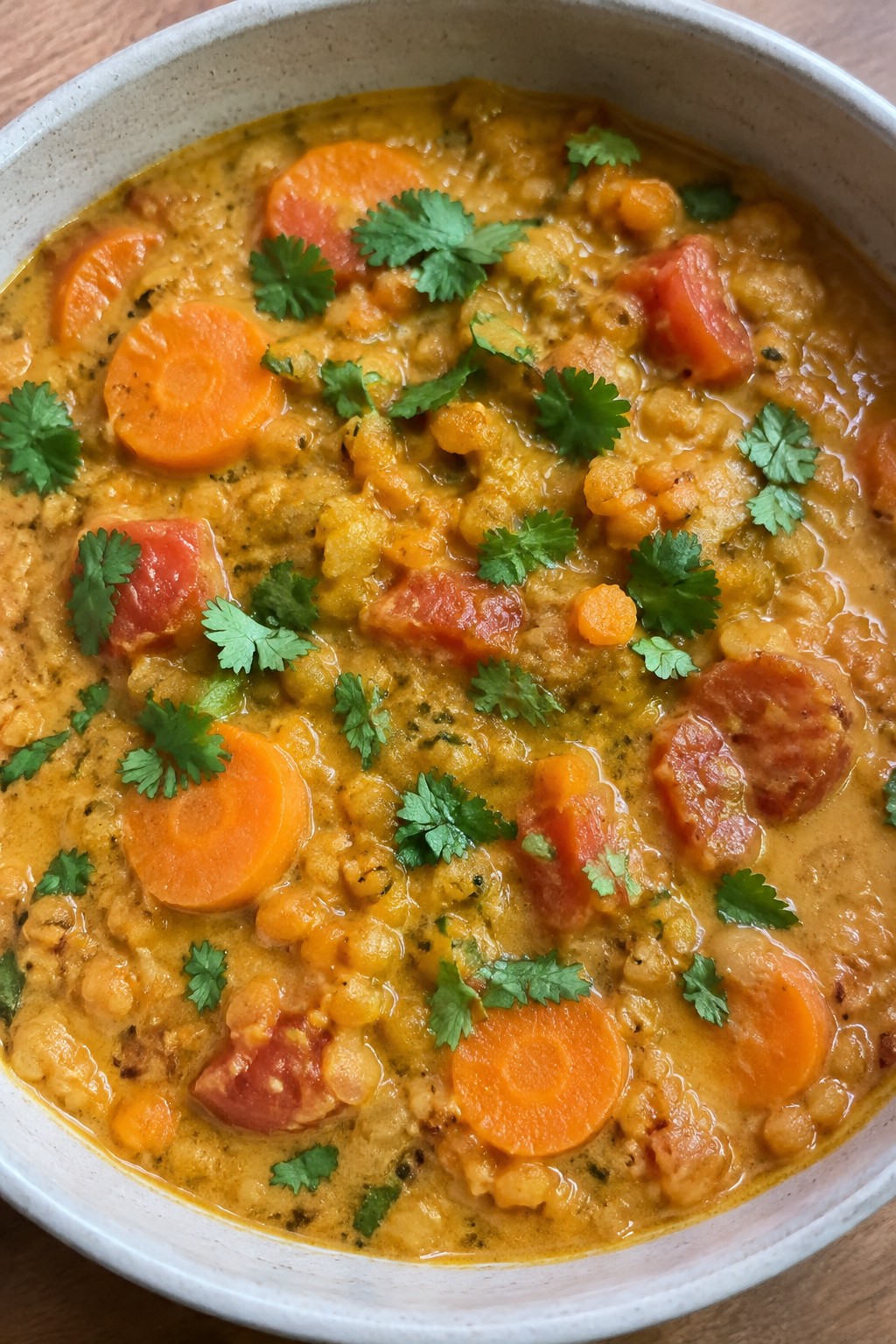 Indian Coconut Curry Vegetable Lentil Stew with Tomatoes and Carrots