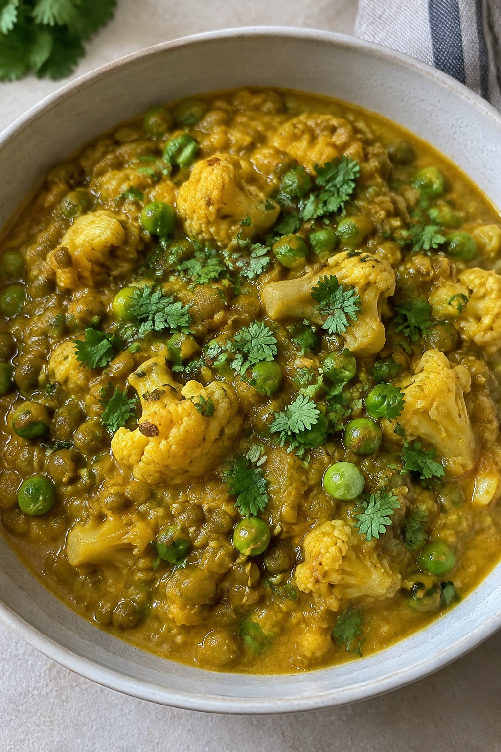Golden Turmeric Lentil Stew with Cauliflower and Peas