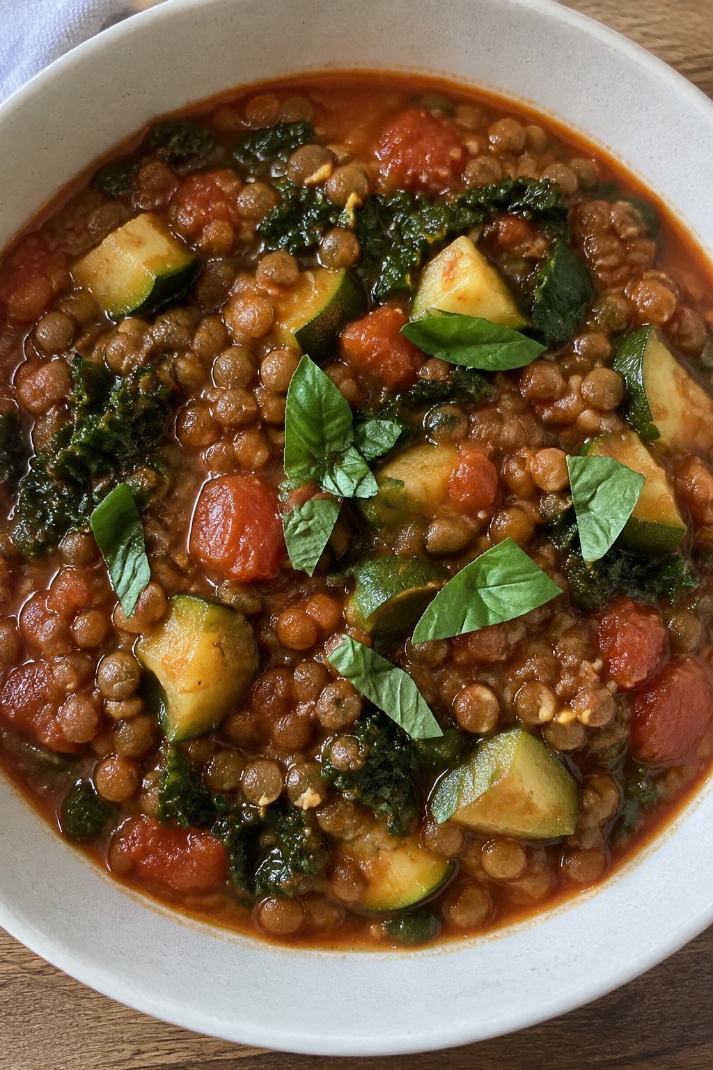 Italian Tomato Basil Lentil Stew with Zucchini and Kale