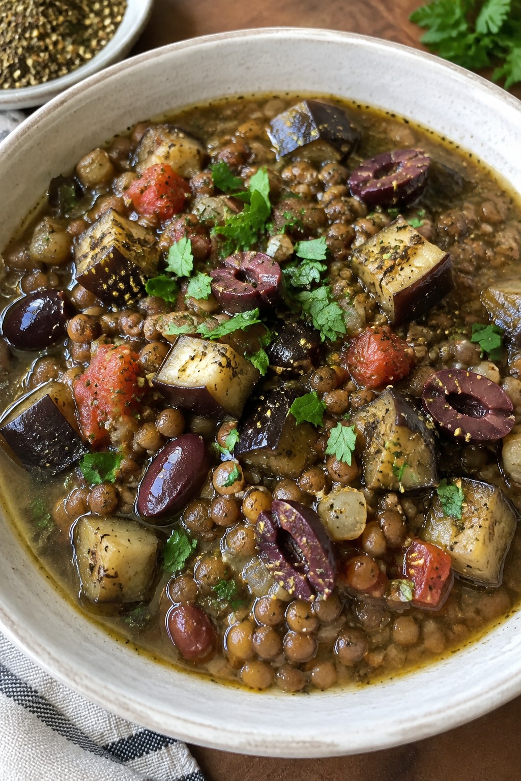 Mediterranean Za’atar Lentil Stew with Eggplant and Olives