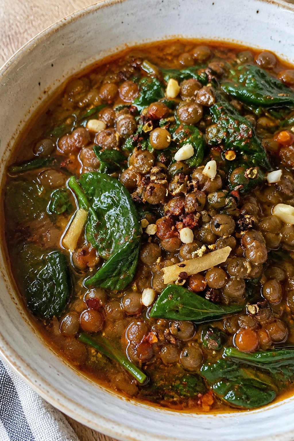 Spicy Szechuan Lentil Stew with Garlic and Greens